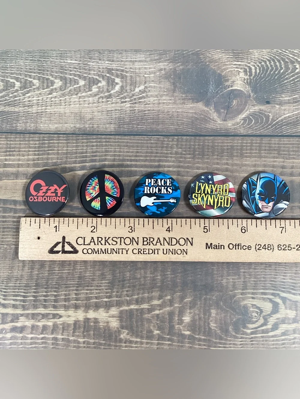 Lot 5 Vintage Pinback Buttons, Ozzy, Lynyrd Skynyrd, Peace, Batman 1.25